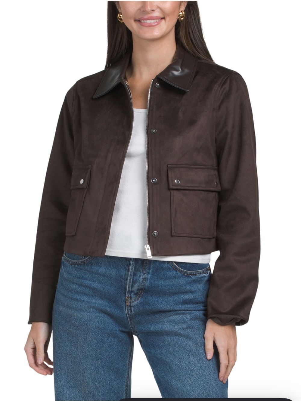 HOUSE OF HARLOW 1960 faux suede jacket with contrast combo collar
